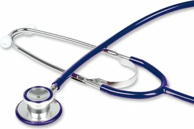 A close-up shot of a blue and silver stethoscope against a white background.