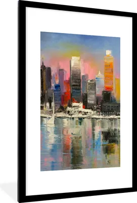 Produktbild von MuchoWow® Gerahmtes Poster Gemälde - Öl - Skyline - Wasser 60x90 cm - Poster mit Schwarzem Bilderrahmen Wandposter Rahmen Foto Bilder - Dekoration - Wandposter Wohnzimmer - Hochwertig