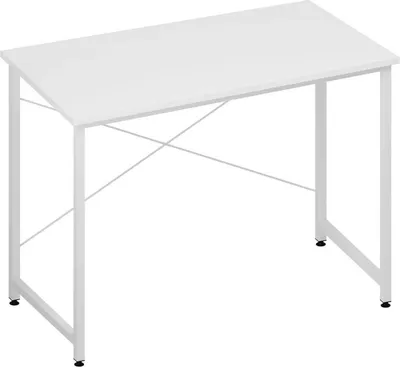 A white desk with a white metal frame against a white background.