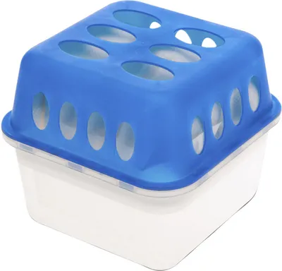 A product shot of a blue and white dehumidifier box with ventilation holes.