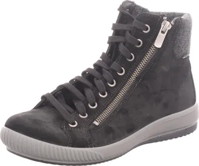 A single black high-top sneaker with a zipper and laces, shown from the side against a white background.