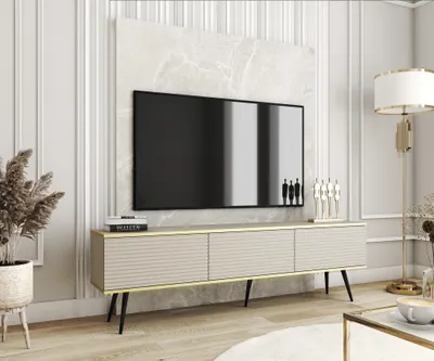 Produktbild von TV-Schrank Rodi - TV-Möbel mit 3 Klappen + MDF, Füße - TV-Lowboard 175 cm, Wohnzimmer, PUSH TO OPEN (Beige + Schwarz)