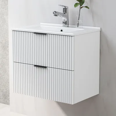 Produktbild von Waschtisch mit Unterschrank 60cm RIVA Badmöbel Set Weiß Keramik Waschbecken mit Unterschrank MDF Softclose