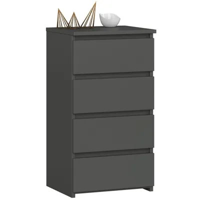 A gray chest of drawers with four drawers, decorated with a gold geometric ornament and a white bowl on top.