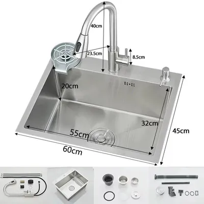 Immagine prodotto di Lavello da cucina in acciaio inossidabile 304 - Vasca singola 60x45 cm - Design "a mensola" / stile rustico - Finitura spazzolata - Con miscelatore - Nichel