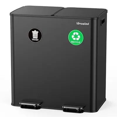 Imagen del producto de Contenedor de basura para cocina, sistema de separación de residuos de 2 compartimentos de 30 litros cada uno, cubo de basura para cocina con tapa de cierre suave y cubetas interiores, contenedor con pedal, fabricado en metal, diseño hermético, ideal para el hogar y la oficina, color