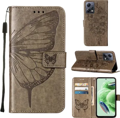 Produktbild von Lederhülle für Xiaomi Poco X5 /Redmi Note 12 5G Schmetterling Prägung Flip Ledertasche Kartenfächer Handyhülle mit Ständer Grau