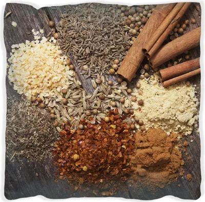 Produktbild von Wallario Premium Kissen, weiche Oberfläche, mit Motiv Aromatische trockene Gewürze in der Küche, Größe: 60 x 60 cm, mit weißer Rückseite