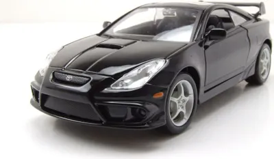 A black toy car is shown from a three-quarter front angle against a white background.