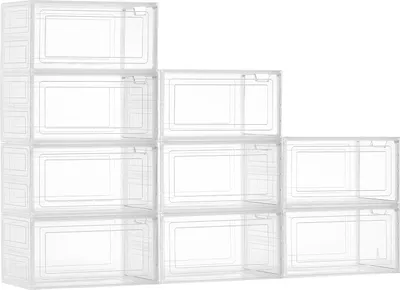 A stack of clear plastic shoe storage boxes.
