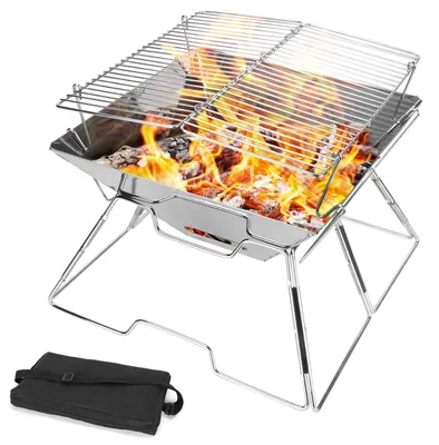 Image de Réchaud et barbecue pliables et portables - En acier inoxydable - Pour le camping et le jardin