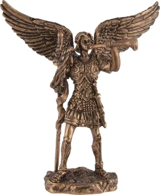 A bronze statue of an angel holding a trumpet and a staff.