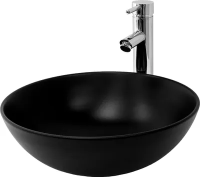 A black ceramic vessel sink with a chrome faucet against a white background.