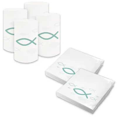 Produktbild von itenga 6x Windlicht + 40x Servietten - Fisch - weiß türkis