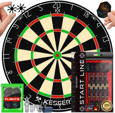 Produktbild von Kesser Steeldart Dartscheibe aus Kork, Profi-Set inkl. 9 Dartpfeile, 21 Pro Flights & Zubehör – Maße: Scheibe 45cm Durchmesser, 4cm Dicke; Wurflinie 50x13cm; Pfeile 16x4cm