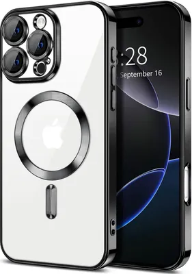 Obrázek produktu pro Magnetické čiré pouzdro pro iPhone 16 Pro, kompatibilní s MagSafe, galvanicky pokovené ochranné pouzdro s ochranou fotoaparátu Černý