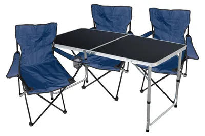 Image de set de mobilier de camping 4 pièces : table + 3 chaises de camping bleues + sac