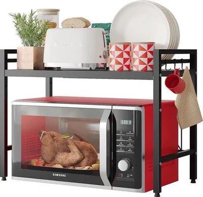 Produktbild von Unyqoos® 2‑lagiges verstellbares Mikrowellenregal – freistehender Küchenständer aus Kohlenstoffstahl, schwarz, 40×32×43,5 cm, teleskopisch 40–60 cm, 8 Haken, 25 kg/Etage