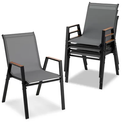 Produktbild von COSTWAY 4er Set Gartenstühle stapelbar, Stapelstühle, Terrassenstühle mit Armlehnen, Balkonstühle bis 180kg belastbar, 56x66x88cm Grau