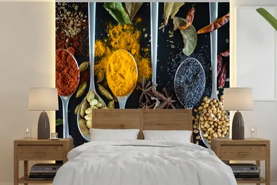 Produktbild von MuchoWow® Fototapete für Wohnzimmer oder Schlafzimmer Wandtapete Vinyl Motivtapete Löffel - Gewürze - Kräuter - Lebensmittel - Tisch - 350x350 cm - Schlafzimmertapete