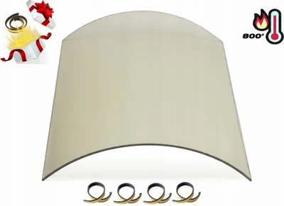 A curved glass panel for a fireplace or stove, shown with accessories.