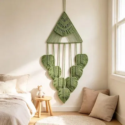 Immagine prodotto di Tappezzeria da parete in cotone intrecciato a mano, con frange a forma di foglie, decorazione bohémien per pareti, ideale per soggiorno o camera da letto, colore verde