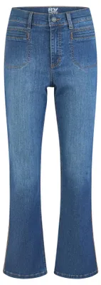 Produktbild von Rabe Bootcut-Hose für Damen in Dunkelblau, Größe 42, aus elastischem Denim mit Knopf- und Reißverschluss
