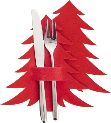 A red felt Christmas tree-shaped cutlery holder with a knife and fork inserted.