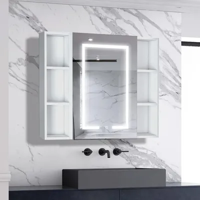Produktbild von AICA LED Spiegelschrank mit Seiteschrank 80x70cm Weiß Matt Touch/Wandschalter Beschlagfrei 3 Lichfarbe Dimmbar Spiegelschrank mit Steckdose