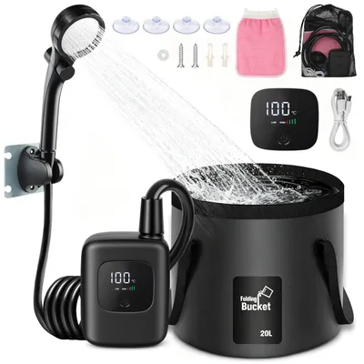 Produktbild von Campingdusche, tragbare, wiederaufladbare Duschpumpe mit Temperaturanzeige