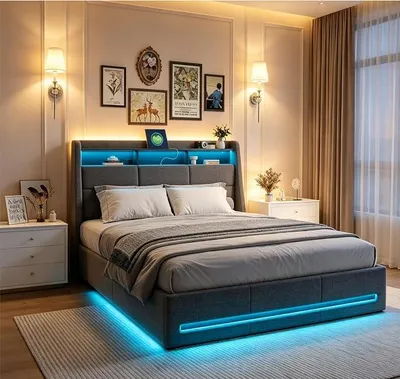 Produktbild von Polsterbett Doppelbett 140x200 cm,LED Doppelbett mit Stauraum und Lattenrost,Jugendbett Hydraulisch Stauraumbett,Bett 140x200 mit Stauraum-Kopfteil und USB,Leinen,Ohne Matratze,Grau