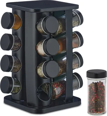 Produktbild von Gewürzregal, Gewürzkarussell, mit 16 Gewürzdosen, Edelstahl Gewürzregalhalter Gewürzhalter Stehend Gewürzgläser Set, spülmaschinengeeignet