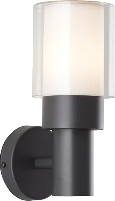 A black outdoor wall lamp with a clear glass shade and a white inner diffuser, shown against a white background.