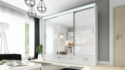 Zdjęcie produktu dla NOWOCZESNA DUŻA Szafa Sycylia 250 przesuwna biała w połysku + LED LUSTRO