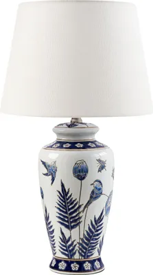 Zdjęcie produktu dla BELIANI Lampa stołowa biała z niebieskim porcelanowa podstawa lniany materiałowy klosz z kwiecistym wzorem oświetlenie stylowa