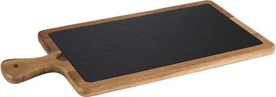 Produktbild von APS 811 Servierbrett FUSIONA, Akazienholz lackiert, Naturschiefer, mit Hängeloch Ø 1 cm, Grill 8 cm, 33 x 20 cm, Höhe 2 cm