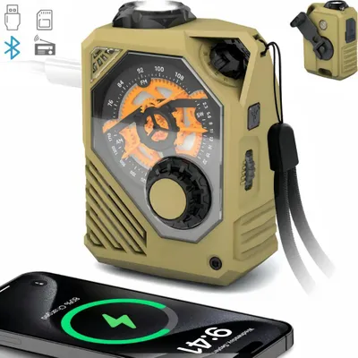 Produktbild von Tragbares Kurbelradio mit Bluetooth, TF/USB, 2000 mAh, AM/FM/SW, LED‑Taschenlampe, Powerbank, SOS‑Alarm – Notfallausrüstung für Camping, Survival