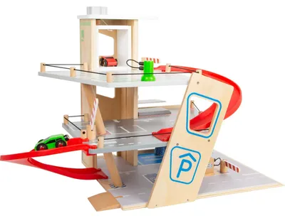 Produktbild von Spielzeug Parkhaus Spielgarage Parkgarage - Holz - 3 Ebenen mit Rampe - 62 x 36 x 43 cm - Für Kinder