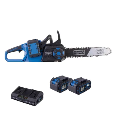 Image de Tronçonneuse sans fil Scheppach BC-CS355Duo-X | Guide-chaîne ProCut 14'' / 35,6 cm | Moteur sans balais | 20 V | Démarrage progressif | 2 batteries 4 Ah + double chargeur 4,5 A inclus
