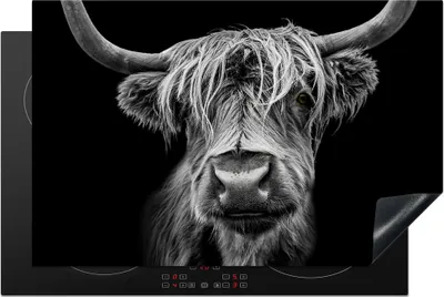 Produktbild von KitchenYeah© Herdabdeckplatte Schottischer Highlander - Hörner - Schwarz - Weiß - Kuh - Wild - Tiere , 81x52cm, Küche Deko, Glaskeramikkochfeld Herdabdeckung, Abdeckplatte fùr Kochfeld