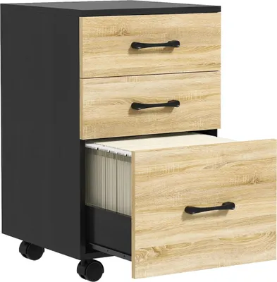 Image de Caisson roulant - Armoire à tiroirs de bureau - 3 tiroirs - 4 roulettes - 40×42×65 cm - A monter soi-même - Chêne/Noir