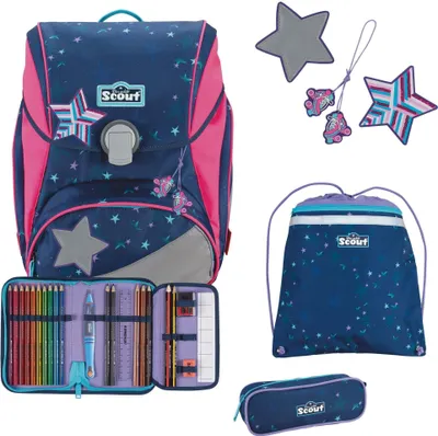 A collection of school supplies including a backpack, pencil case, and drawstring bag, all featuring a star pattern.