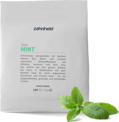 Produktbild von Zahnheld Zahnputztabletten (125 St.), fluoridfrei, superglatte Zähne durch Zellulose, Minzgeschmack, Vegan, Naturkosmetik, Plaque & Kariesschutz