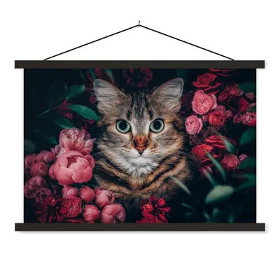 Produktbild von MuchoWow® Textilposter Katze - Blumen - Tiere - Botanisch 90x60 cm mit schwarzem Rahmen - Aufhängungssatz