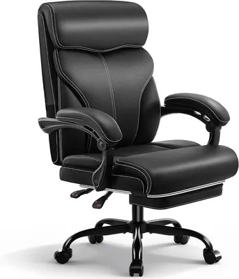 Produktbild von Chefsessel mit Fußstütze & Liegefunktion, Ergonomischer Bürostuhl aus Kunstleder bis 200 kg, Verstellbare Armlehnen, Hohe Rückenlehne – Computerstuhl für Chefbüro und Homeoffice, Schwarz