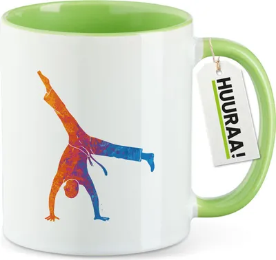 Produktbild von Huuraa Kaffeetasse Capoeira bunte Silhouette 330ml Grün Keramik Kaffeebecher Geschenkidee