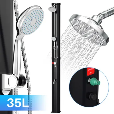 Produktbild von Faziango Solardusche 35 Liter mit Standsäule in Schwarz – Komplettset inkl. Abdeckhaube, Handbrause & Drain Stop (Gartendusche, Pooldusche)