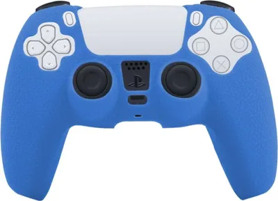 A blue PlayStation PS5 controller cover is shown against a white background.