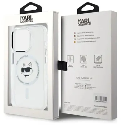 Produktbild von Karl Lagerfeld KLHMP15LHLSCHH iPhone 15 Pro 6,1" weiß/weiß Hardcase IML Metal Choupette Head MagSafe Schutzhülle
