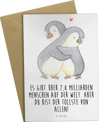 Produktbild von Mr. & Mrs. Panda Grußkarte Pinguine Kuscheln - Weiß - Geschenk, vatertagskarte, osterkarte, Grußkarten, Valentinstag, für Freundin, Hochzeitstag, Frauen, Freund